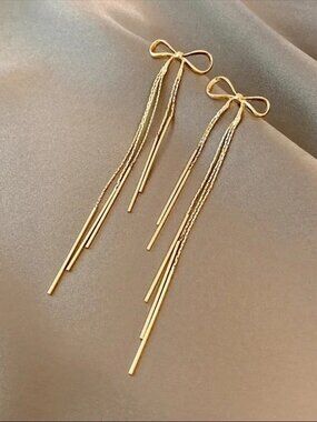 “Sweet Intentions” Gold Bow Dainty Delicate Tassel Sterling Silver Stud Earrings